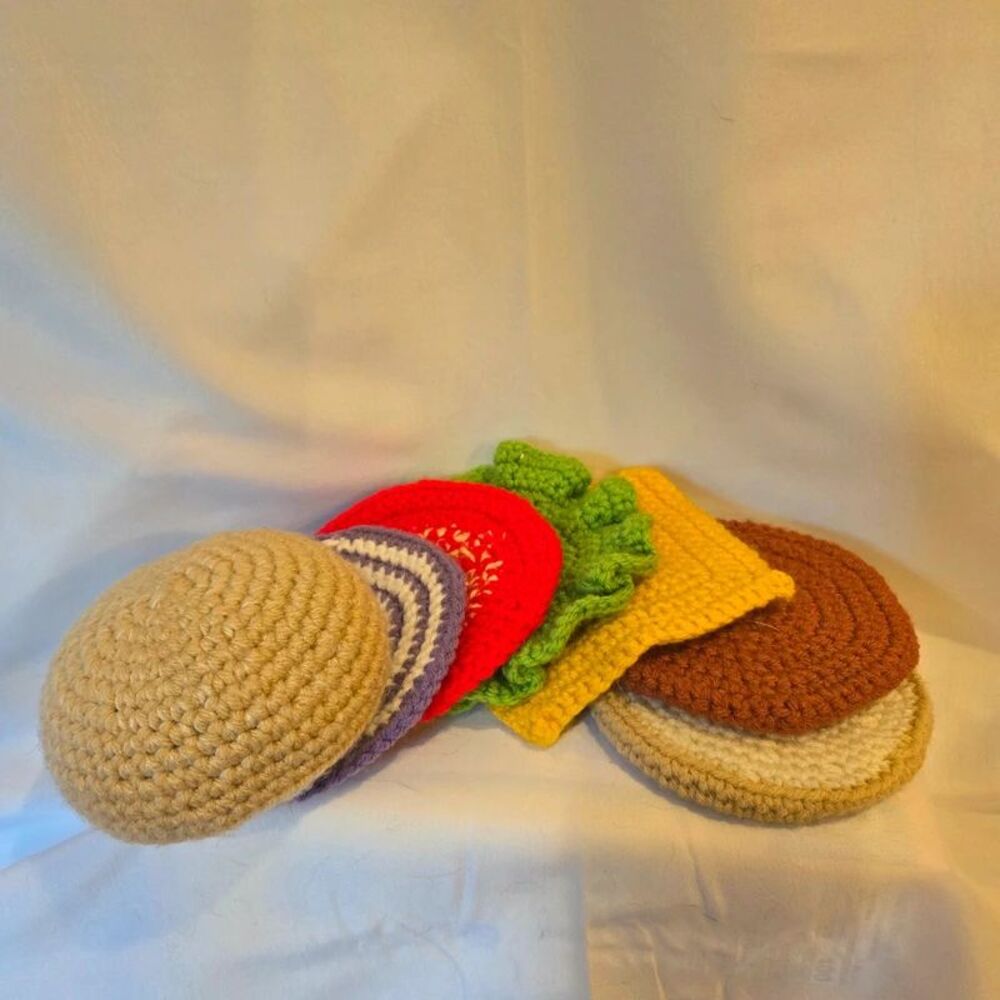 Crocheted Cheeseburger Coaster Set - Picture 2 of 2